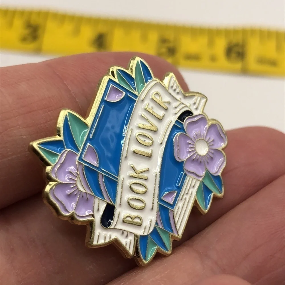 3/$25 “Book Lover” Blue Book Lavender Flowers Pin Badge Brooch